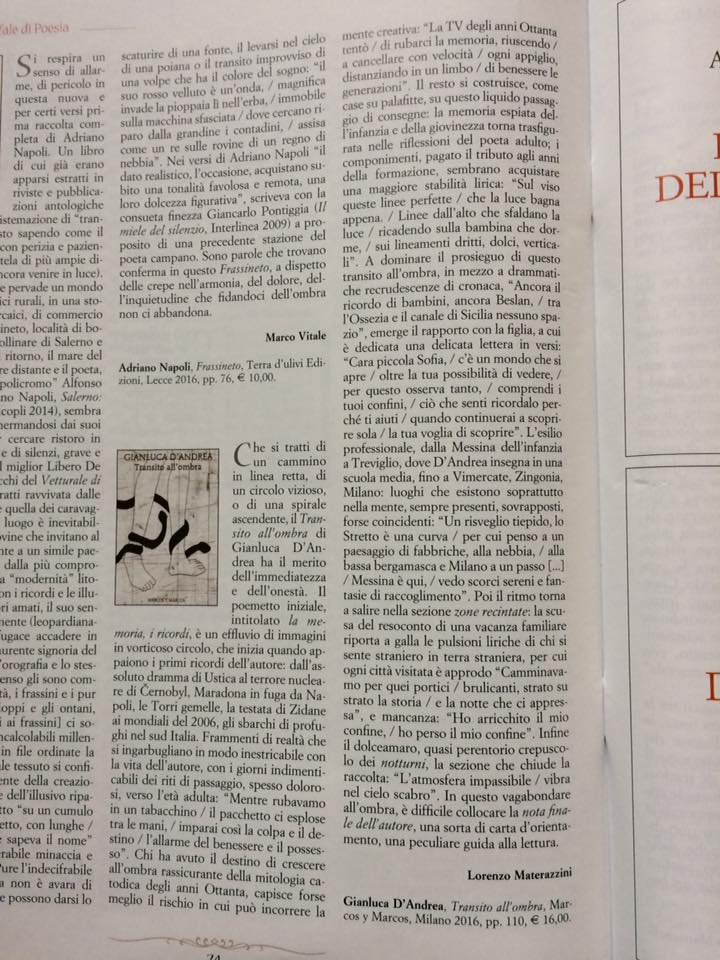Poesia maggio 2017 - recensione su Transito all'ombra