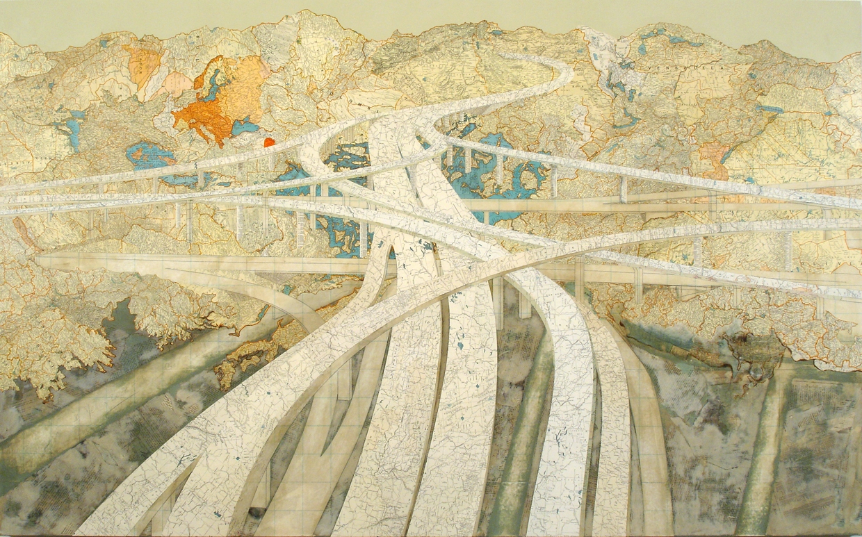 Course-of-Empire-Mixmaster-II-2006-Maps-and-acrylic-on-wood-panel-by-Matthew-Cusick